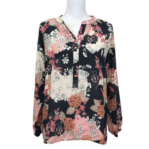Spartina 449 silk top, black/tan/pink   floral, flowy, office, career, elegant - Picture 1 of 6